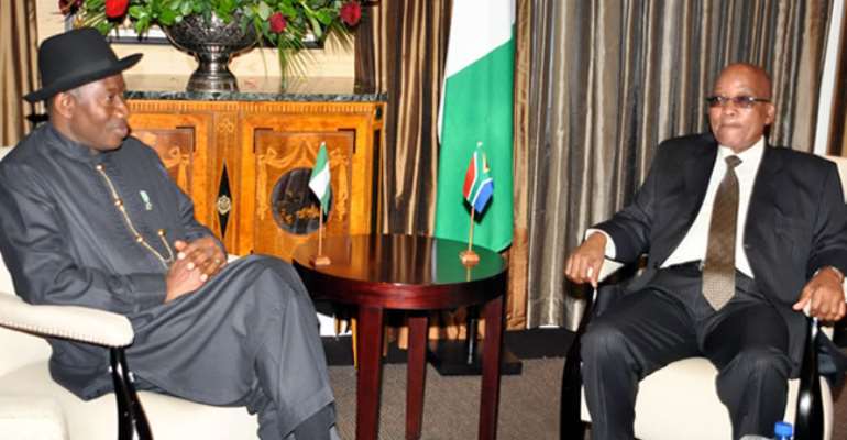 PRESIDENT GOODLUCK JONATHAN (L) WITH PRESIDENT JACOB ZUMA OF SOUTH AFRICA DURING THE VISIT OF PRESIDENT JONATHAN TO CAPE TOWN, SOUTH AFRICA. MAY 07, 2013