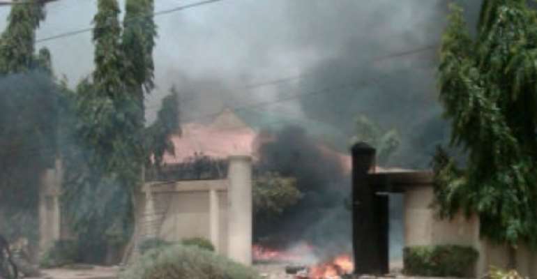 KANO RESIDENCE OF FORMER SPEAKER, HOUSE OF REPRESENTATIVES, ALHAJI GHALI UMAR NA'ABBA IS SET ABLAZE BY IRATE YOUTHS. SOURCE ANONYMOUS.