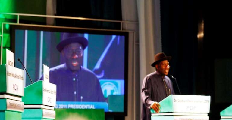PRESIDENT GOODLUCK EBELE JONATHAN AT THE PRESIDENTIAL DEBATE HOSTED BY THE NEDG AT THE TRANSCORP HILTON HOTEL IN ABUJA TODAY, MARCH 30, 2011.