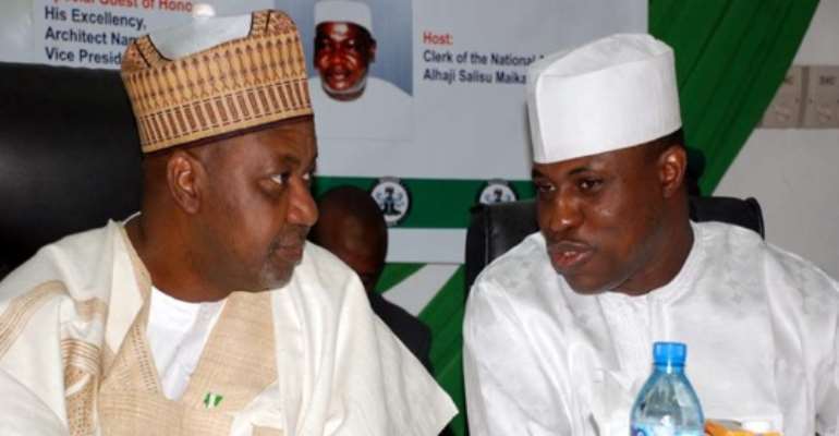 L-R: VICE PRESIDENT NAMADI SAMBO AND SPEAKER OF THE HOUSE OF REPRESENTATIVES, RT HON. DIMEJI BANKOLE AT THE COMMISSIONING OF THE NATIONAL ASSEMBLY BUDGET AND RESEARCH OFFICE (NABRO) IN ABUJA TODAY, MAY 27, 2011.