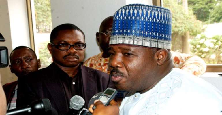 FORMER BORNO GOVERNOR ALI MODU SHERIFF SPEAKING WITH JOURNALISTS AFTER A MEETING WITH PRESIDENT GOODLUCK EBELE JONATHAN AT THE PRESIDENTIAL VILLA ABUJA TODAY, JULY 13, 2011.