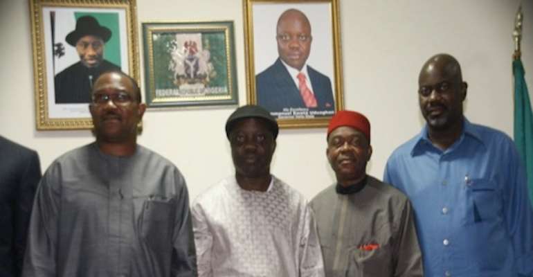 R-L' GOVERNORS LIYEL IMOKE (CROSS RIVER); THEODORE ORJI (ABIA); EMMANUEL UDUAGHAN (DELTA); AND PETER OBI (ANAMBRA) AT THE SOUTH-SOUTH, SOUTH -EAST GOVERNORS MEETING IN ASABA, DELTA STATE, TODAY, JANUARY 23, 2010.