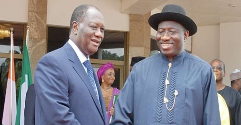 R-L- PRESIDENT GOODLUCK EBELE JONATHAN WITH VISITING IVORY COAST PRESIDENT ALLASSANE OUATTRA INSIDE THE PRESIDENTIAL VILLA ABUJA MONDAY, AUGUST 01, 2011.