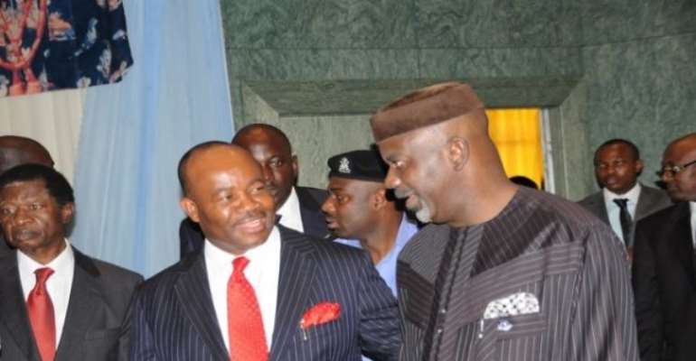 PHOTO: CROSS RIVER STATE GOVERNOR, SENATOR LIYEL IMOKE (R) WITH AKWA IBOM STATE GOVERNOR, MR. GODSWILL AKPABIO (L) CHATTING AT A FUNCTION IN ABUJA A FEW DAYS AGO.