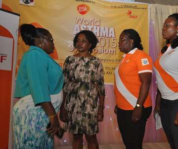 L-R: Head, Healthcare Planning,Lagos State Ministry of Health, Mrs. Omomeji Osinowo Consultant Peadiatrician, Massey Street Children''s Hospital, Dr. Cecilia Mabogunje (Guest Speaker), Founder, Elias Nelson Oyedokun Foundation (ENOF), Lola Ilaka and Medical Science Liaison, Omolabake Okunubi at the 2015 World Asthma Day Symposium sponsored by GSK in collaboration with ENOF held in Lagos today, 5th May, 2015