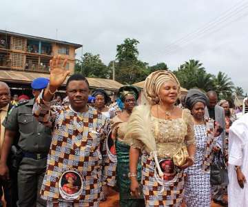 (L-R) Chief Willie Obiano, Governor of Anambra State, Chief Mrs Ebelechukwu Obiano, his wife, Mrs Victoria Gowon and former President yakubu Gowon arriving at Madonna Catholic Church, Agulu for the Requiem Mass in honour of Prof Dora Akunyili in Anaocha Local Government Area,Anambra State...Thursday.