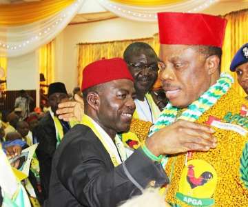 Dr. Alex Otti, APGA Gubernatorial Candidate in Abia Statewelcoming Chief Willie Obiano, Governor of Anambra State to theSpecial National Convention held by APGA in Awka...Wednesday