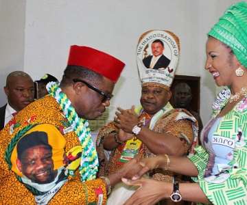 Chief Willie Obiano, Governor of Anambra State welcomingAmbassador Bianca Ojukwu, Nigerian Ambassador to Spain to the SpecialNational Convention held by APGA in Awka...Wednesday