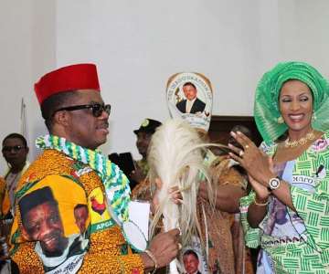 Chief Willie Obiano, Governor of Anambra State welcomingAmbassador Bianca Ojukwu, Nigerian Ambassador to Spain to the SpecialNational Convention held by APGA in Awka...Wednesday
