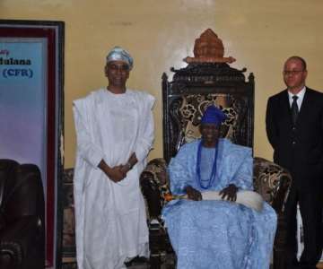 CEO/MD of Airtel Nigeria, Rajan Swaroop (2nd from left); the Traditional Ruler of Ibadan, His Royal Majesty, Oba (Dr.) Samuel Odulana Odugade 1, (CFR) (right); and Director of Regulatory and Government Affairs, Osondu Nwokoro, during the visit of Airtel team to the Olubadan in his Palace in Ibadan as part of the company''s brand introduction to communities across the country...today