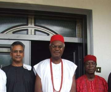 Wole Abu, District General Manager, Airtel Nigeria; Rajan Swaroop, Chief Operating Officer, Airtel Nigeria; His Majesty lgwe Nnaemeka Alfred Achebe, the Obi of Onitsha; Chief Gozie Agbakoba, a traditional Chief of Onitsha; Osondu Nwokoro, Director, Regulatory and Government Affairs, Airtel Nigeria; and Melford Jim-Lawson, Head of Security, Southern Nigeria Region, Airtel Nigeria, during the visit of Airtel officials to the Obi of Onitsha in his Palace in the commercial city of Onitsha, Anambra State, Southeast Nigeria…