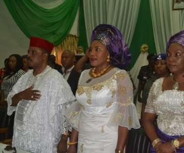 (L-R): Governor Anambra State, Chief Willie Obiano, his Wife Ebelechukwu and Wife of Deputy Governor, Lady Vivian Udeoko Chukwu who represented the Wife of Governor of Abia State at the Mothers'' Summit held Friday at Women Development Centre, Awka.