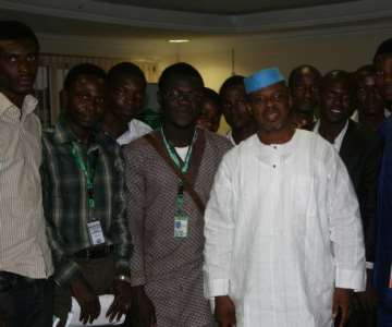 Ekiti State Governor, Engr. Segun Oni (middle) flanked (left) by the Public Relations Officer of the National Association of Nigerians Students (NANS) Joint Campus Committee (JCC), Ekiti and Ondo States Axis, Comrade Omowa Michael,  Chairman, Comrade Aremo Gbenga Oyebode and other NANS executive members during the students’ courtesy visit to the governor ...on Friday