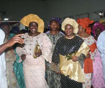 (R-L) Speaker of the State House of Assembly, Rt. Hon. Olatunji Odeyemi, Wife of Ekiti State Governor, Mrs. Olukemi Oni, wife of the Deputy Governor, Princess Oluwayemisi Lawal and others dancing during Governor Segun Oni’s 56 birthday celebration in Ado-Ekiti on Sunday.<br/>The governor is presently on a working visit to South Korea.<br/>