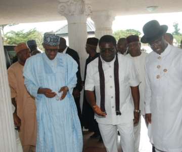 Imo Deputy Governor, Prince Eze Madumere welcoming former Head of State, Major Mohammed Buhari on the left and former Governor of Bayelsa State, Timipriye Silver as the arrived Imo Airport for the wedding ceremony of Governor Okorocha''s daughter, Uju V. Okorocha and his heartthrob, Uzoma Tony Anwuka last Saturday