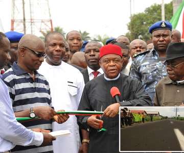 Gov. Theodore Orji of Abia state (3rd left) commissioning the newly completed Geometric Power Station Access road at Osisioma. With him from left are, Hon. Kingsley Mgbeahuru, commissioner for works, Sir Leo Okoye, M/D. Grandstar Construction Company and Sir Emeka Ananaba, deputy governor, Abia state (left).