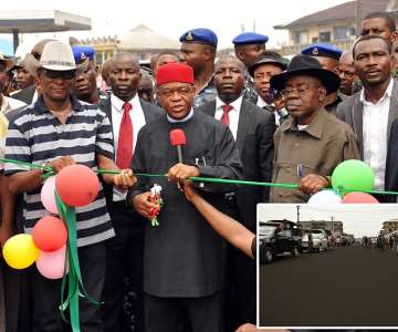 Gov. Theodore Orji of Abia state (2nd left) commissioning the newly completed Brass road in Aba. He is flanked on left by Hon. Kingsley Mgbeahuru, commissioner for works and Sir Emeka Ananaba, deputy governor, Abia state (right).