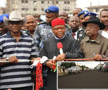 Gov. Theodore Orji of Abia state (2nd left) commissioning the newly completed Milverton road in Aba. With him from left are Hon. Kingsley Mgbeahuru, commissioner for works and Sir Emeka Ananaba, deputy governor, Abia state.