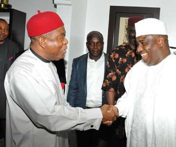 Gov. Theodore Orji of Abia state welcoming the Speaker  House of Reps. Waziri Tambuwal to his office in Umuahia during his one day working visit to Abia state.