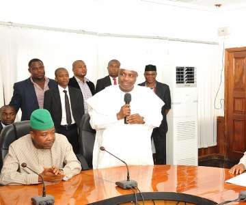 Speaker  House of Reps. Waziri Tambuwal making a remarks during his courtesy call on Gov. Theodore Orji of Abia state (right) on his one day working visit to Abia state, on his left is Rt. Hon. Emeka Ihedioha, Deputy Speaker, House of Reps. at the EXCO Chambers govt. house Umuahia.