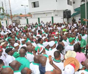 Gov. Theodore Orji of Abia state addressing a mammoth crowd of Abia state PDP members during the democracy walk in commemoration of the democracy day celebration in Umuahia.