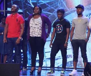 PANIC-STRICKEN CONTESTANTS -NEX2, PREYE, K-PEACE AND PRIME WITH SHOW HOST, ILLRHYMZ DURING THE EVICTION SHOW AT OMG DREAM STUDIOS