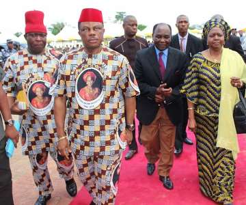 (L-R) Sir Victor Umeh, National Chairman of APGA, Chief Willie Obiano, Governor Willie Obiano, former President Yakubu Gowon and his wife Victoria arriving the venue of the special Honours & Tributes Ceremony for Dora Akunyili in Awka...Wednesday