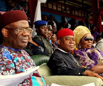 L-R  Barr. Godson Adiele, Head of Service Abia state, Gov.Theodore Orji of Abia state and his wife Mercy Orji, Lady NeneAnanaba, wife of Abia state deputy governor and Chief Emeka Wogu,Minister for Labour and Productivity at the grand civic reception inhonour of Gov. Orji of Abia state in Umuahia.