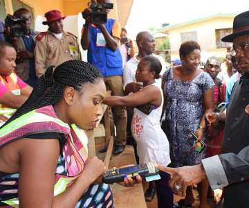 Chief Willie Obiano, Governor of Anambra State being accreditedto vote at Eri Primary School 1, Aguleri