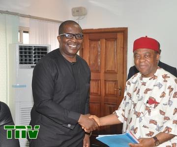 At the Executive Chambers of the Abia state Government House, Mr. Collins Chikeluba, Chairman, ASO Investment & Development Company/ Vice Chairman,  ASO Savings & Loans Plc in a handshake with the Executive Governor of Abia state, Chief Theodore Orji  after the signing of Memorandum of Understanding for financing and construction of 400 units of flats at the proposed Ochendo Liberation Housing Scheme in Amauba Community, Umuahia  on Tuesday, July 24, 2012