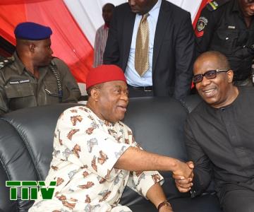 The Executive Governor of Abia state, Chief Theodore Orji in a handshake with Mr. Collins Chikeluba, Chairman, ASO Investment & Development Company (AIDC) and Vice Chairman,  ASO Savings & Loans Plc  at the Groundbreaking ceremony for the construction  of 400 units of flats at the proposed Ochendo Liberation Housing Scheme in Amauba Community, Umuahia  on Tuesday, July 24, 2012.