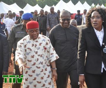 The Executive Governor of Abia state, Chief Theodore Orji with the top management team of ASO Investment & Development Company; Mr. Collins Chikeluba, Chairman and Mrs. Isoken Omo, Managing Director at Amauba Community, Umuahia during the Ground Breaking ceremony of the proposed  400 units’ Ochendo  Liberation Housing  Scheme on Tuesday, July 24, 2012.