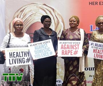 Wife of the Governor of Lagos State and convener, Lagos Women Forum, Mrs. Bolanle Ambode (4th left); HC. Commerce, Industry & Cooperatives, Mrs. Olayinka Oladujoye (3rd left); fmr. 1stLady, Alhaja Abimbola Jakande (4th right); SSA. to the President on SDGs., Princess Adejoke Orelope-Adefulire (3rd right); and guest speakers, with placards bearing the message: ‘Be the Voice for Healthy living…, Against Domestic Violence, Rape, Child Abuse & Teenage Pregnancy”, during the forum, with the theme: ‘Woman…Your Health, Your Social Environment’, held at the Police College, GRA, Ikeja, on Tuesday, 19th June 2018.<br/>