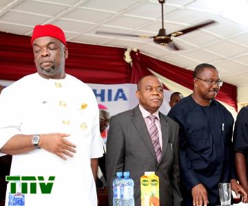 L-R Chief Emeka Wogu, Minister for Labour and Productivity (rep. president Jonathan), Gov. Theodore Orji of Abia state, Gov. Peter Obi of Anambra state and Gov. Rochas Okorocha of Imo state at the opening ceremony of catholic bishops'' conference at the Bishop Nwedo Episcopal centre in Umuahia.